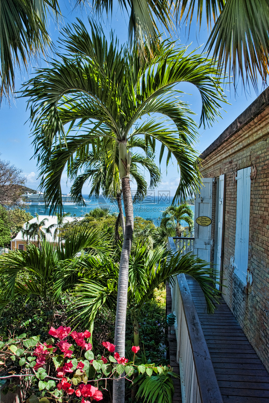 圣托马斯的颜色城市房子建筑学反射海洋蓝色旅游山坡场景港口图片