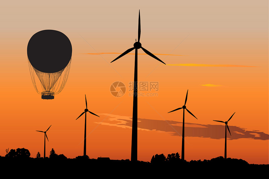 日出时的风力发电机和气旋太阳日落力量运输阳光涡轮天空篮子航班电器图片