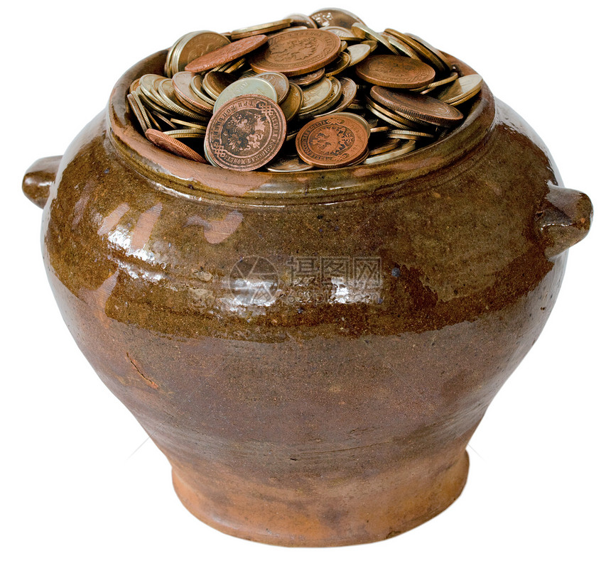 含金属旧钱的陶瓷锅图片
