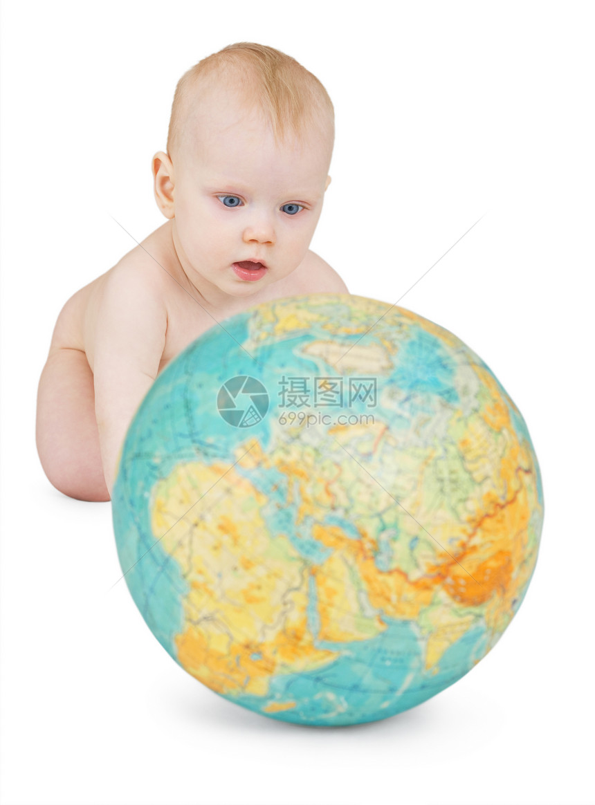 与地球之球玩耍的婴儿图片