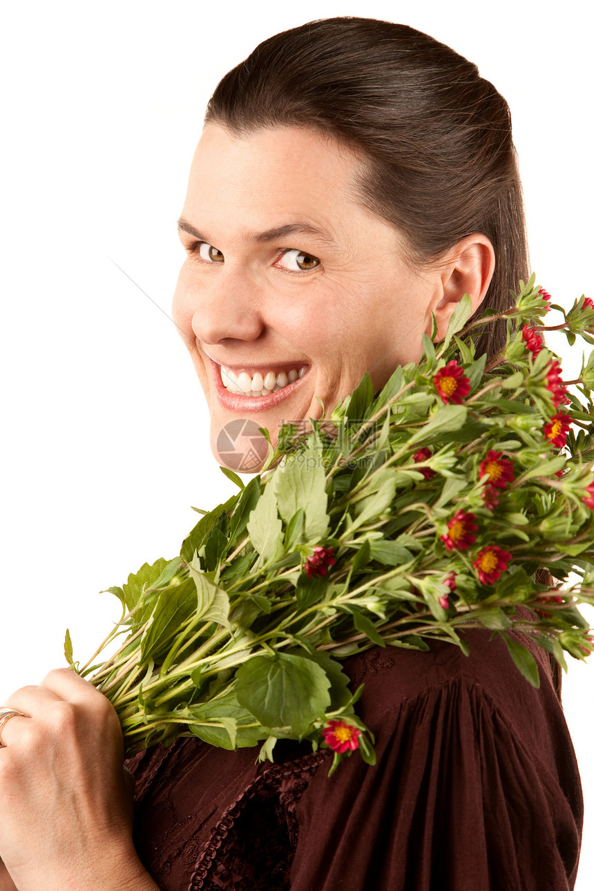 美女与花花女性花束植物白色绿色园丁棕色成人微笑花园图片