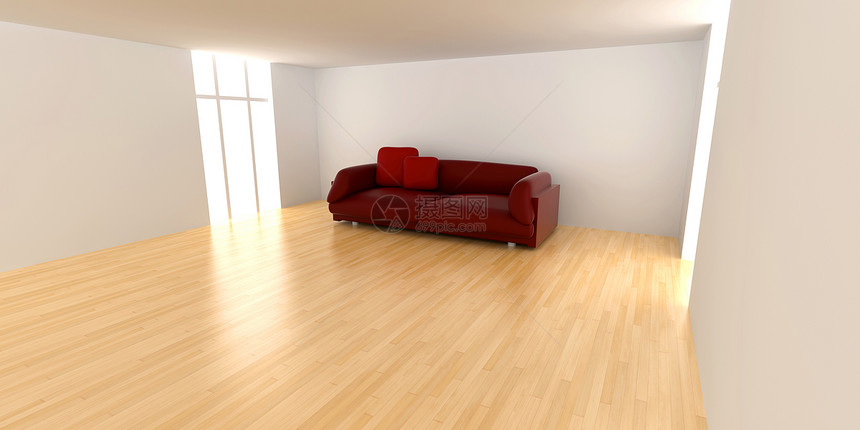 红沙发在空房间里家具长椅窗户地面软垫木地板大厦住宅公寓房子图片