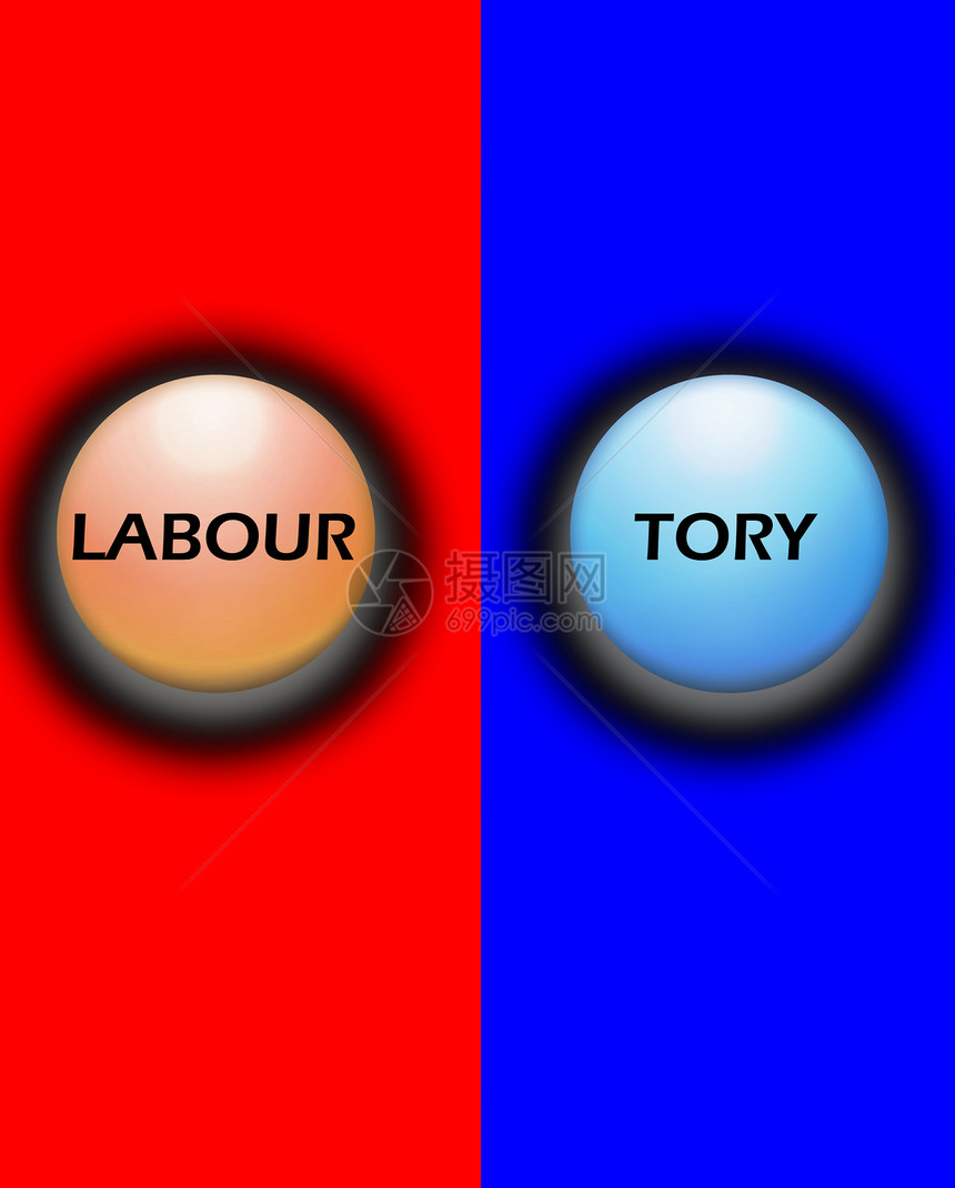 保守派或劳工劳动纽扣政治选举电气蓝色红色按钮图片