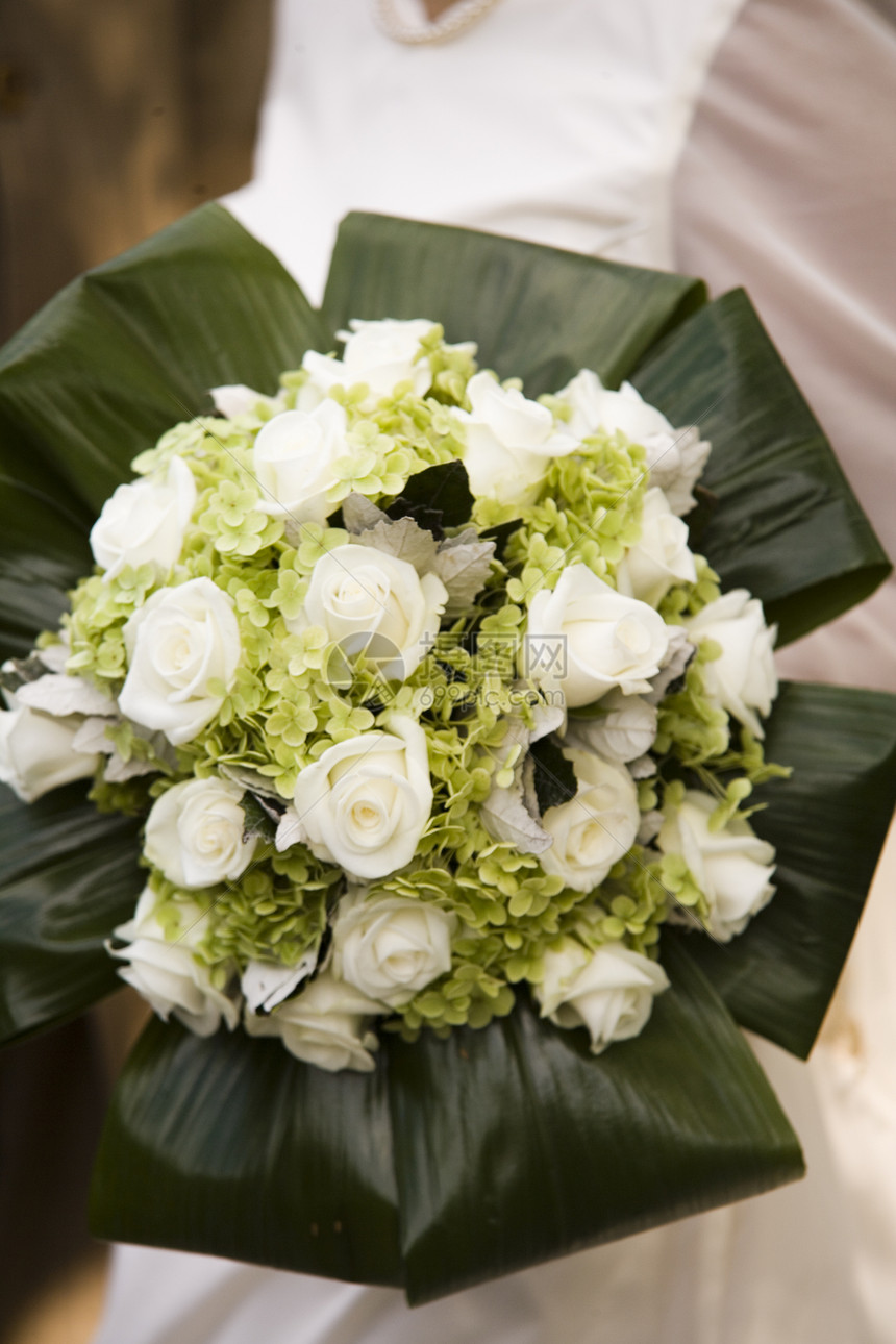 婚前花束叶子绿色婚礼白色新娘婚姻玫瑰图片