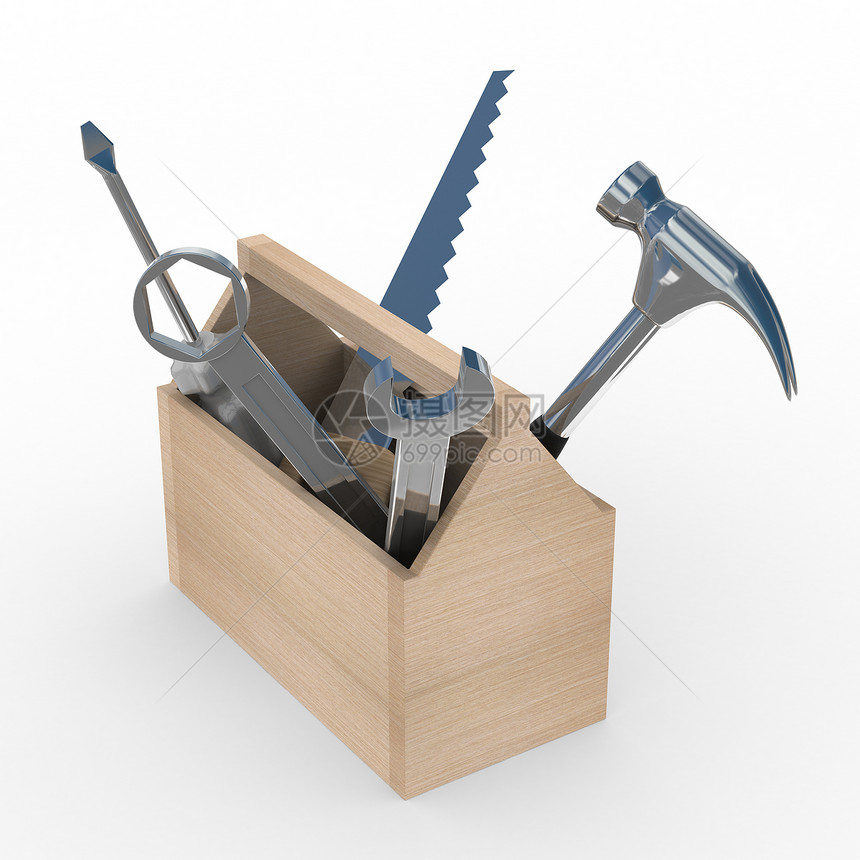 带工具的木箱 孤立的 3D 图像维修扳手公用事业服务求助工作修理螺丝刀商业金属图片