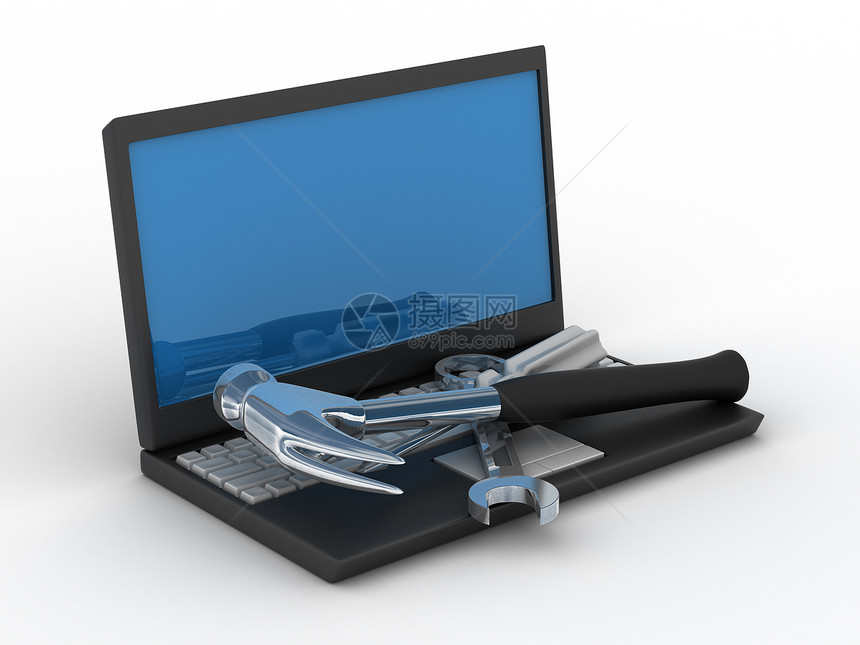 计算机技术服务 孤立的3D图像维修工业公用事业扳手螺丝刀商业锤子通讯笔记本帮助图片