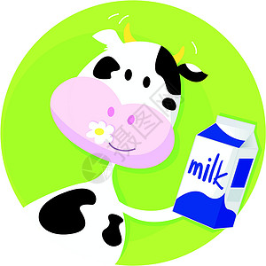 牧场奶源以绿色背景带奶盒的快乐牛插画