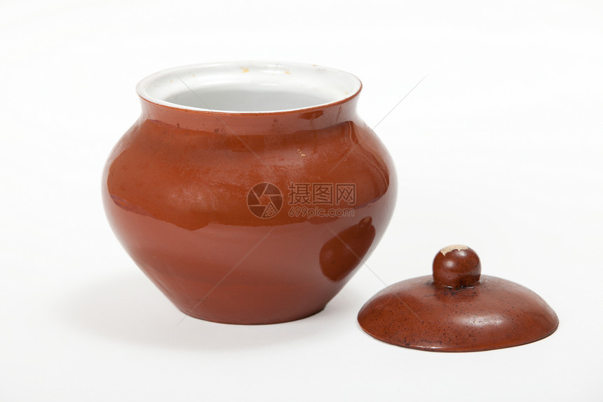 白色背景的陶瓷锅 孤立图像制品棕色投手花瓶黏土水壶厨房平底锅文化陶器图片
