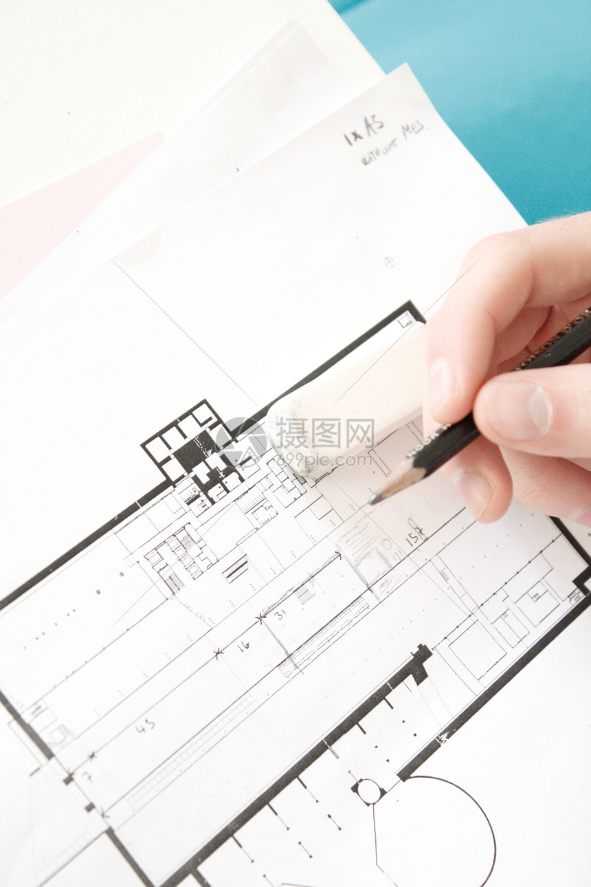 建筑计划地面蓝图建筑学建造橡皮房子构造铅笔黄色图片