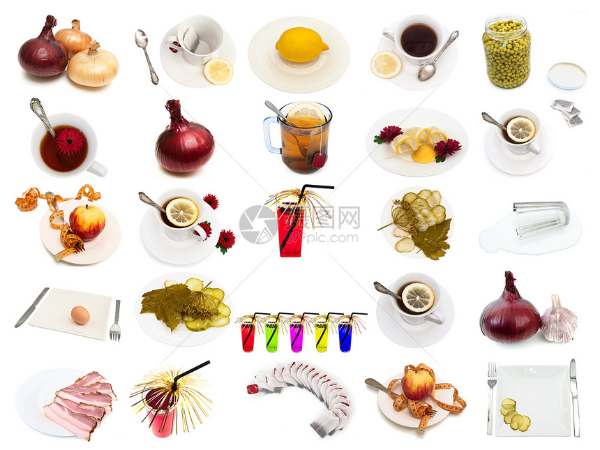 从不同食品和饮料中抽调的盘子勺子咖啡厨房火腿牛奶饮食装饰早餐玻璃图片