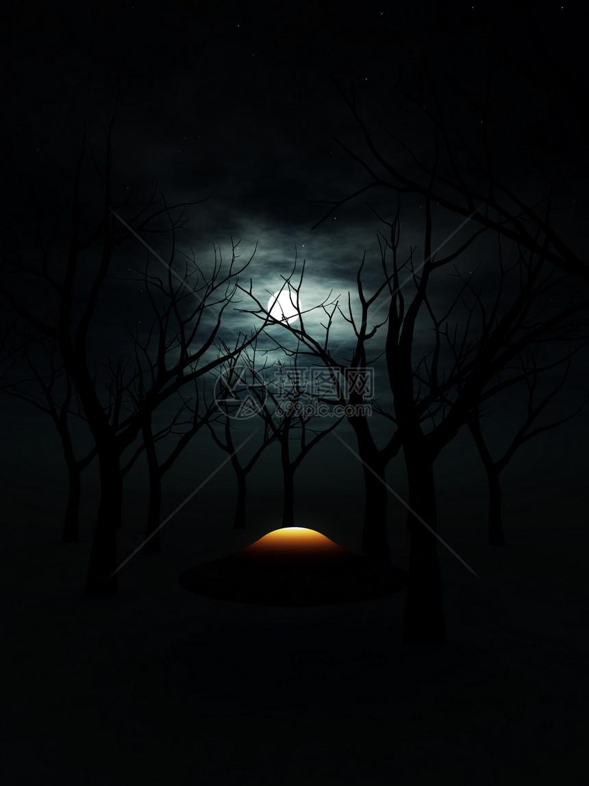 UFO 在森林中黑暗外星人辉光环境航班多云运输骗局照明月光图片