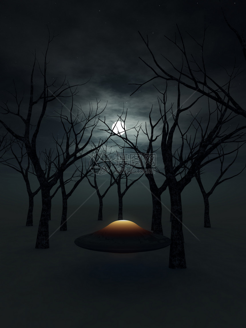 UFO 在森林中航空黑暗月光工艺飞行车辆树木照明运输月亮图片