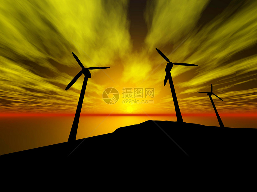 风力涡轮机太阳力量阳光计算机渲染橙子日落转子天空风车图片