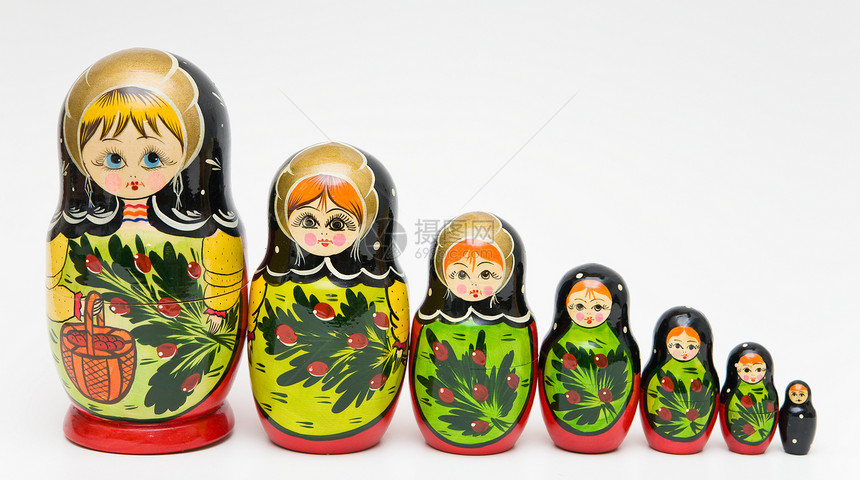 白色背景的俄罗斯马特约什卡娃娃女孩传统套娃家庭娃娃尺寸收藏木头玩具女性图片