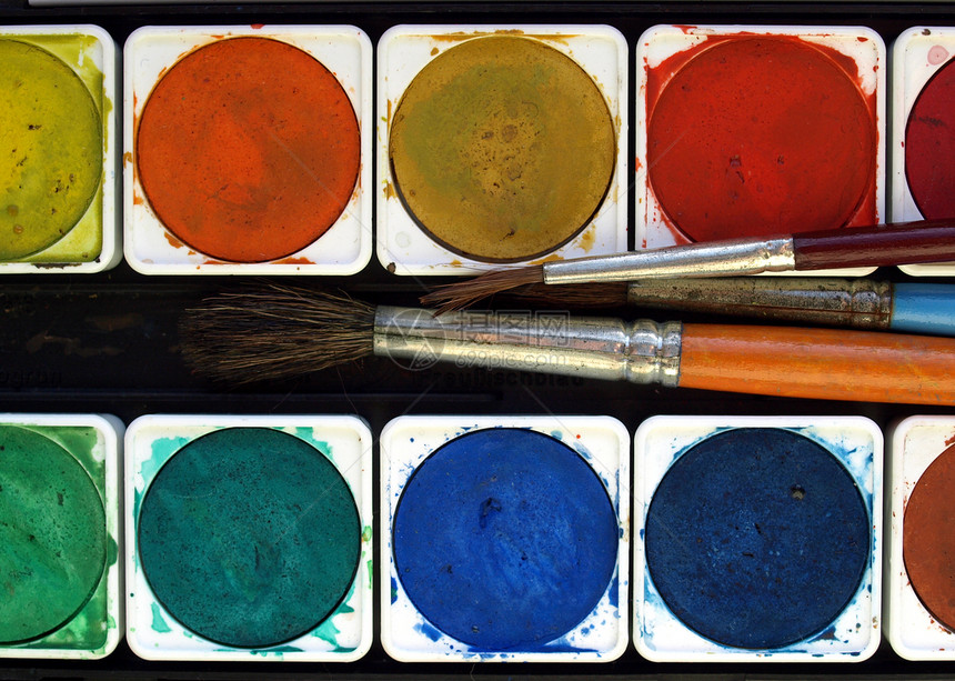 油漆工具橙子色调画家帆布壁画蓝色调色板颜料刷子艺术图片
