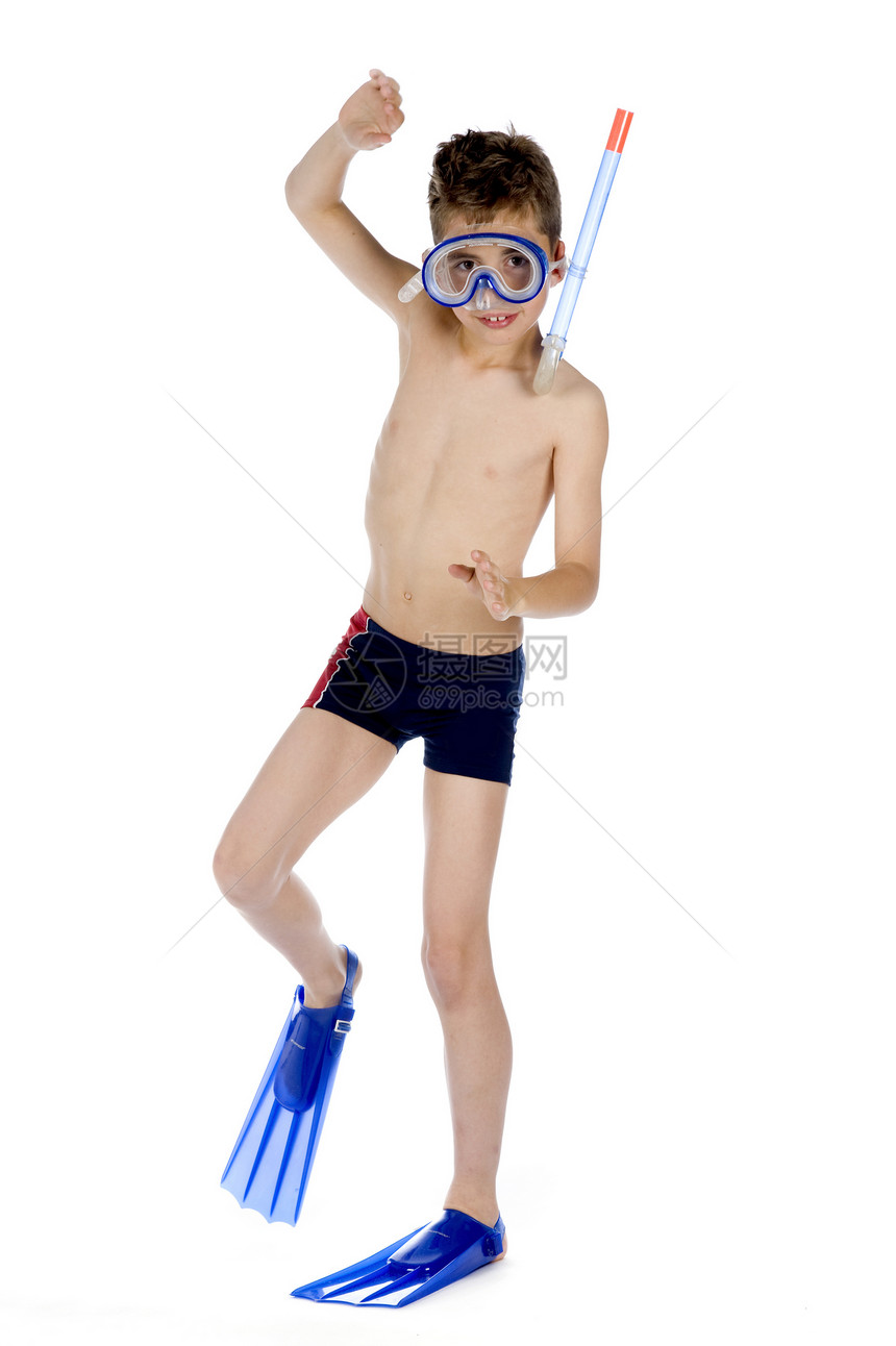游泳男生呼吸管蹼状泳装孩子面具运动图片
