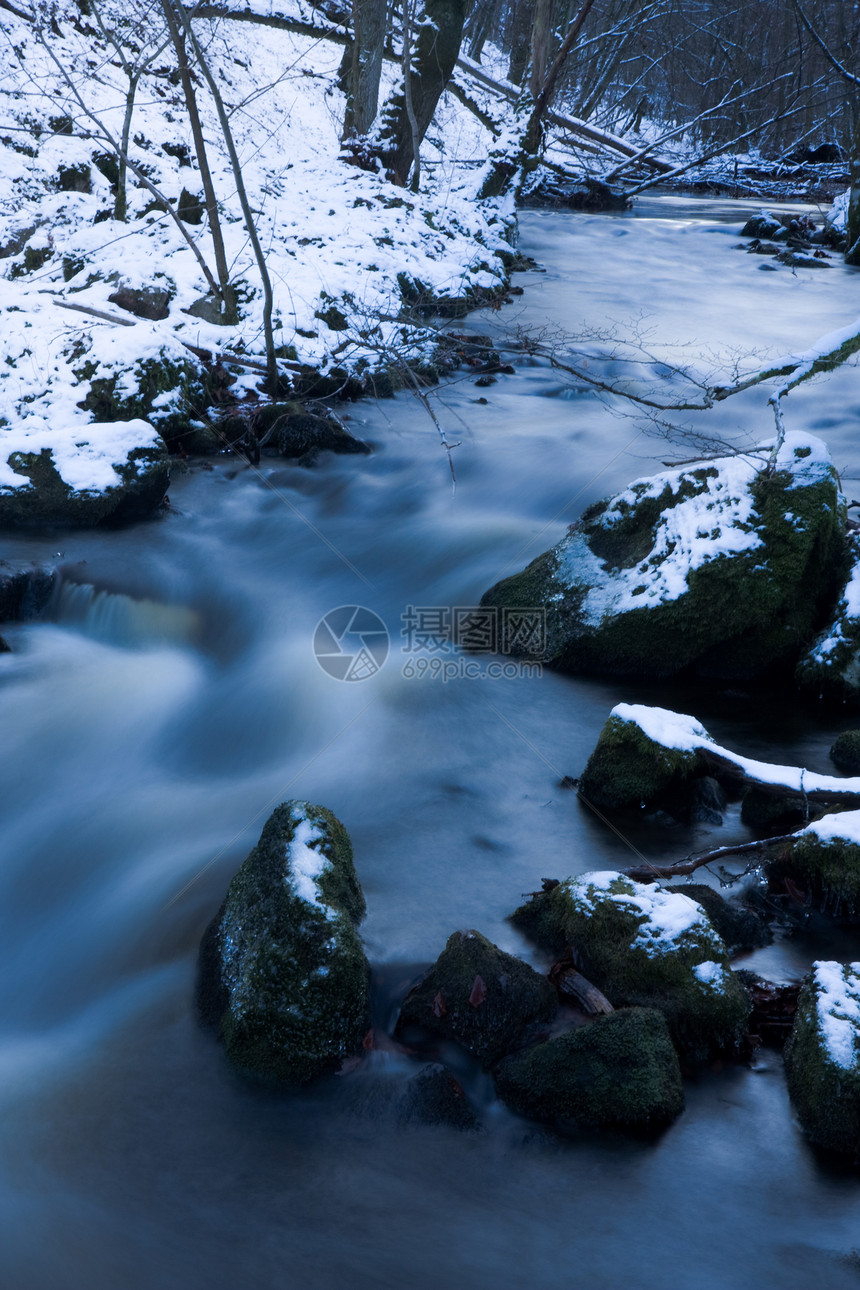 冬季流溪流季节运动寒意流动荒野树木公园风景蓝色图片