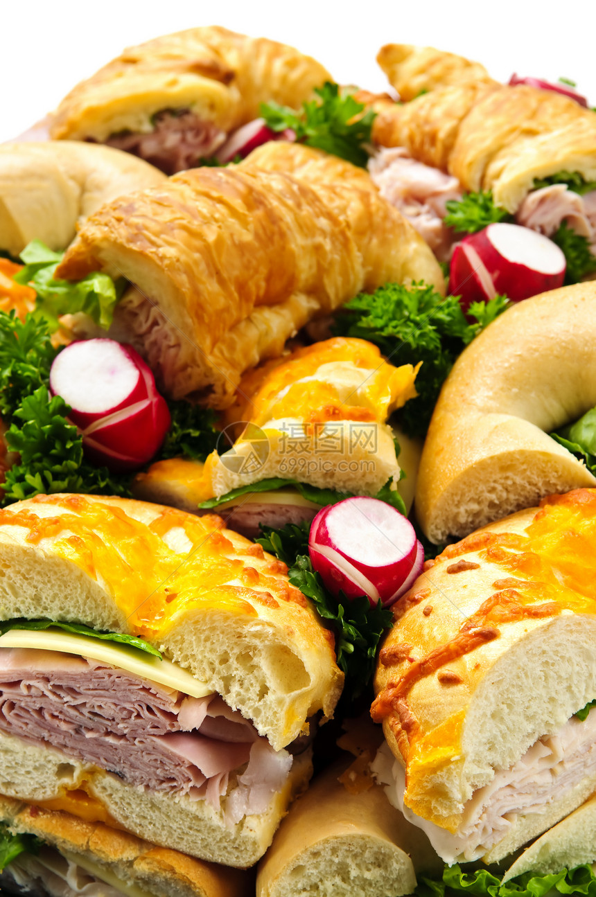 三明治托盘羊角火腿宴会咖啡店拼盘美食面包蔬菜萝卜食物图片
