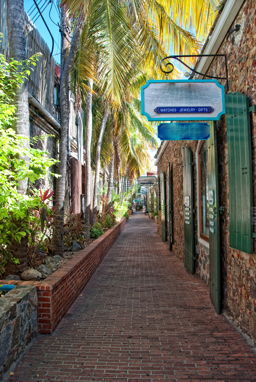 圣托马斯的颜色房子热带港口码头假期场景反射游客建筑学蓝色图片
