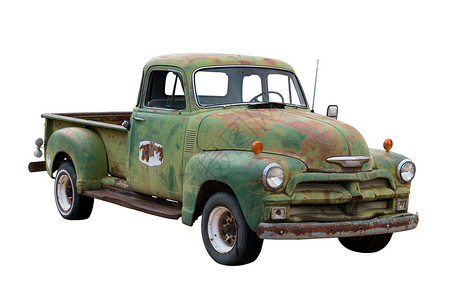 孤立的旧式皮卡车车轮水平绿色陆地个人剥皮金属保险杠挡风玻璃收藏家背景图片