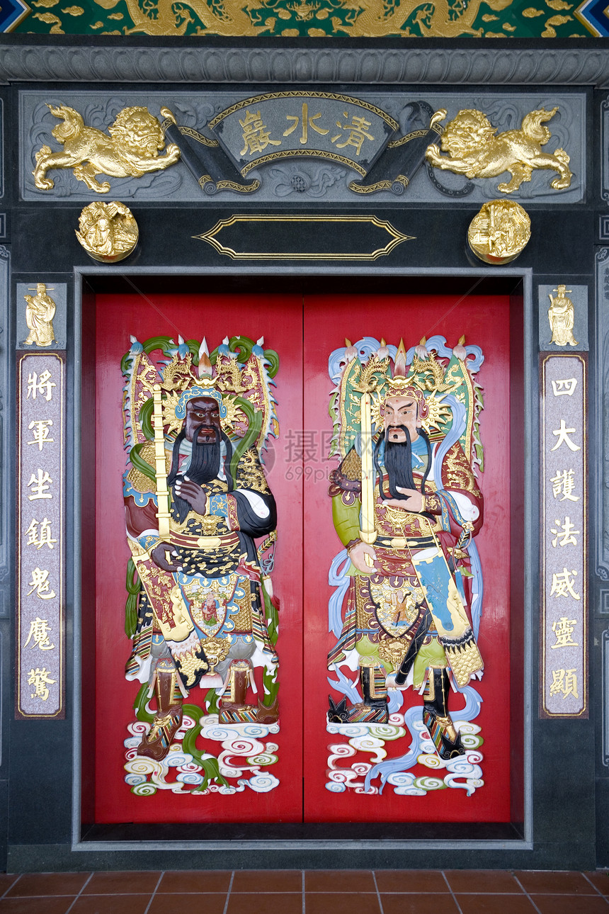 中华庙门入口神话艺术监护人文化艺术品雕刻神社神灵警卫图片