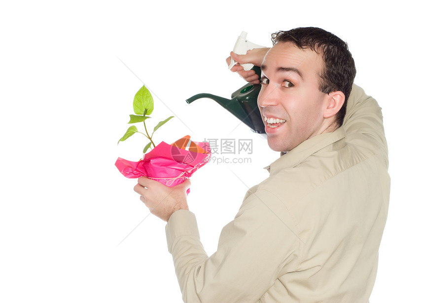 植物增长微笑绿色爱好拇指男人概念白色乐趣幸福男性图片