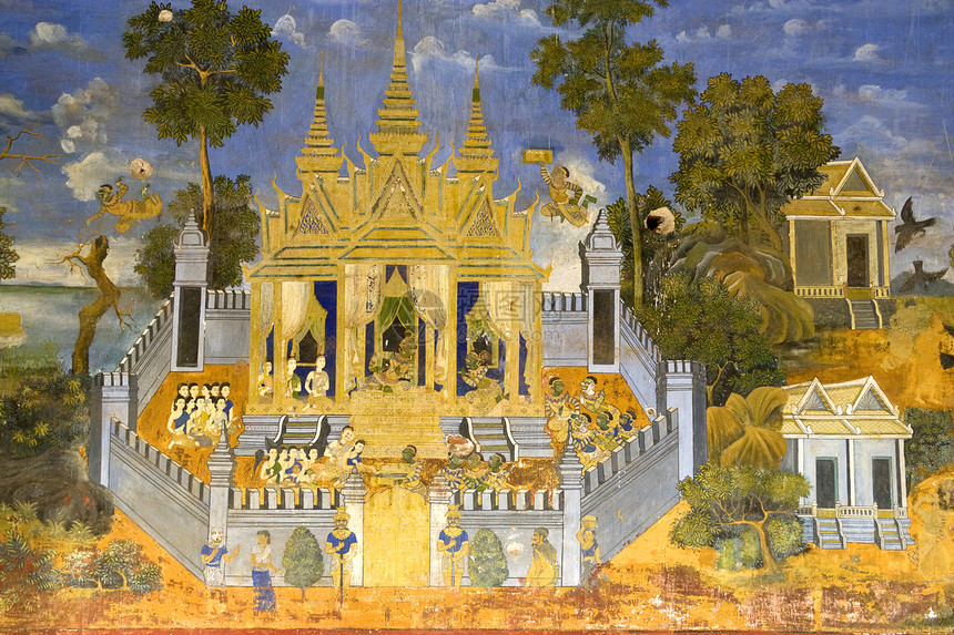柬埔寨皇家宫墙壁油漆历史建筑物皇家艺术宗教高棉语王国遗产文化国王图片