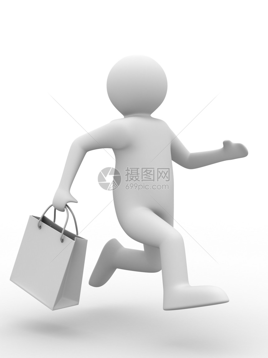 白色有购物袋的男人 孤立的三维图像顾客价格空白零售销售折扣店铺运输跑步商业图片