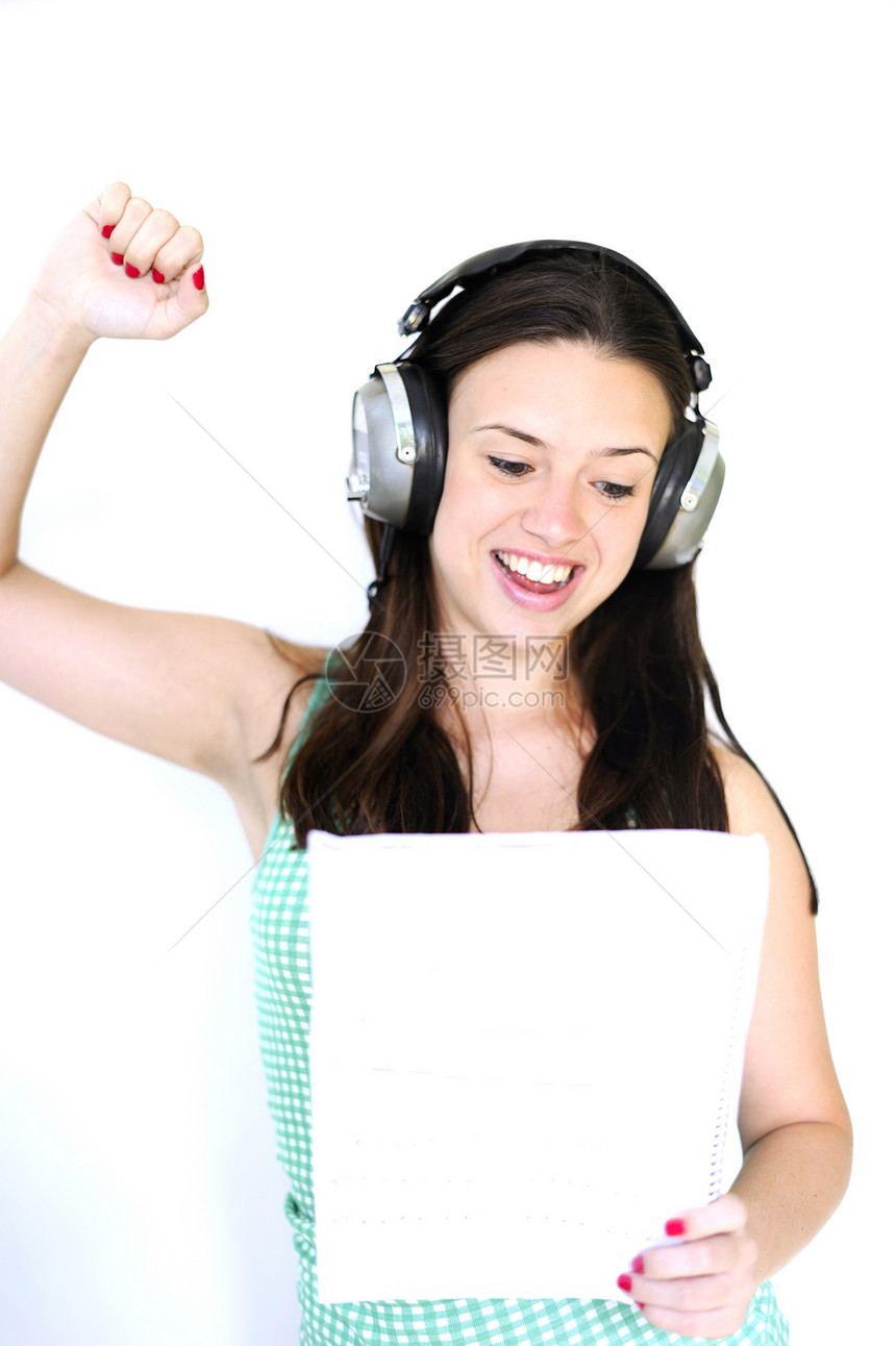 听音乐的音乐青少年工作室娱乐耳机美丽唱歌学习女孩享受音乐播放器图片
