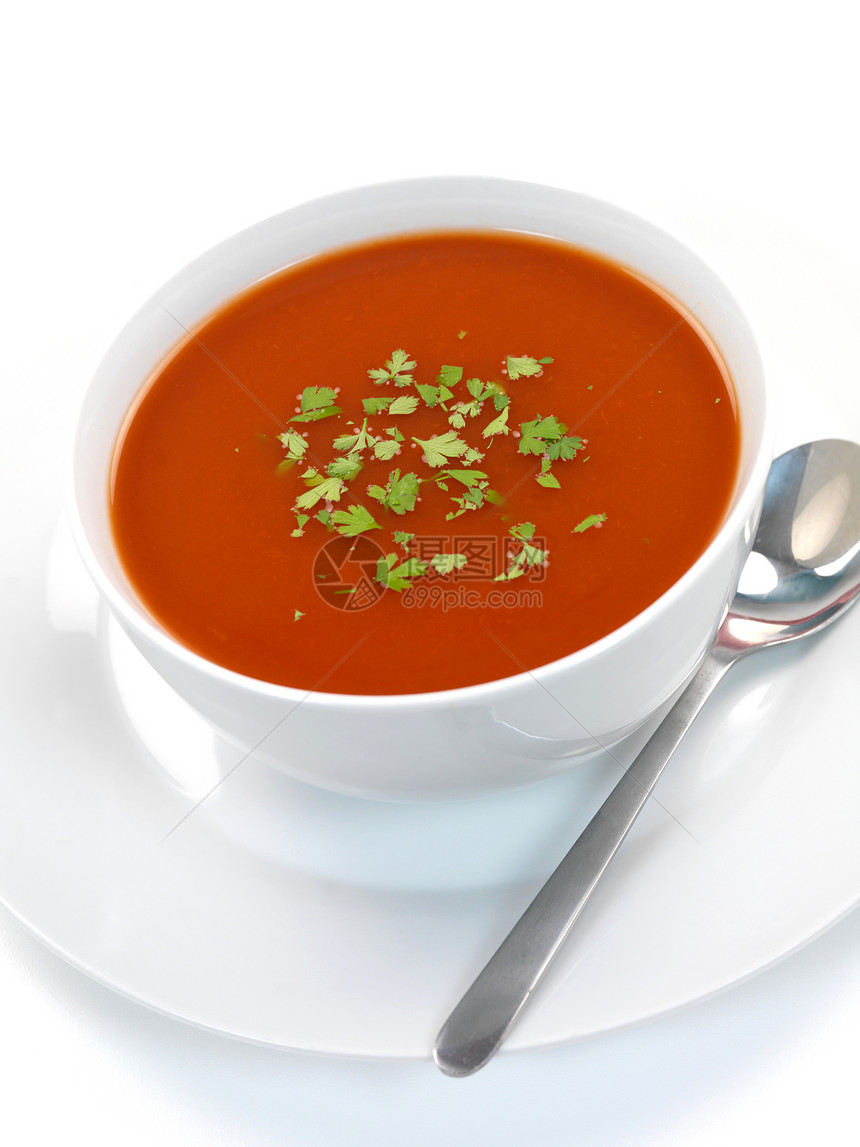番茄汤厨房草药盘子餐厅蔬菜温暖午餐白色美食勺子图片