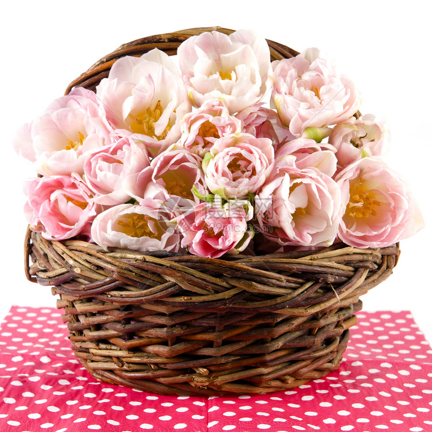郁金白色庆典郁金香团体花束叶子篮子浪漫礼物展示图片