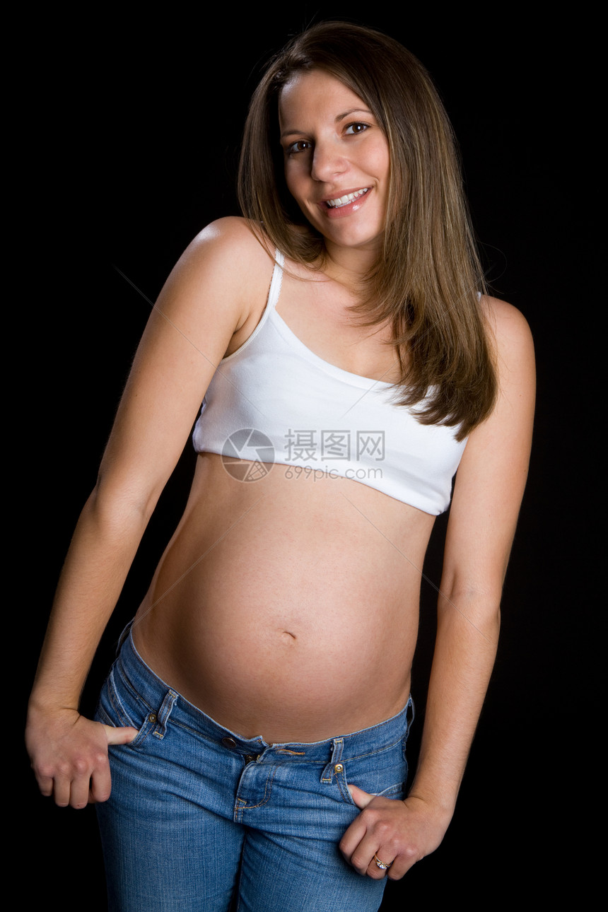 年轻孕妇青少年女孩们婴儿背景妈妈牛仔裤女性黑色黑发腹部图片