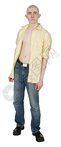 穿牛仔裤的秃头朋克照片情感男生白色男人情绪化衬衫黄色背景图片