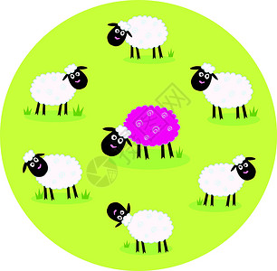 一只粉红羊在白羊家庭里孤单幸福卡通片插图人群快乐农场孤独局外人场地震惊设计图片