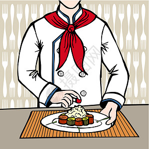 厨师做寿司厨房盘子烹饪美食帽子职业香料工作食物菜单背景图片