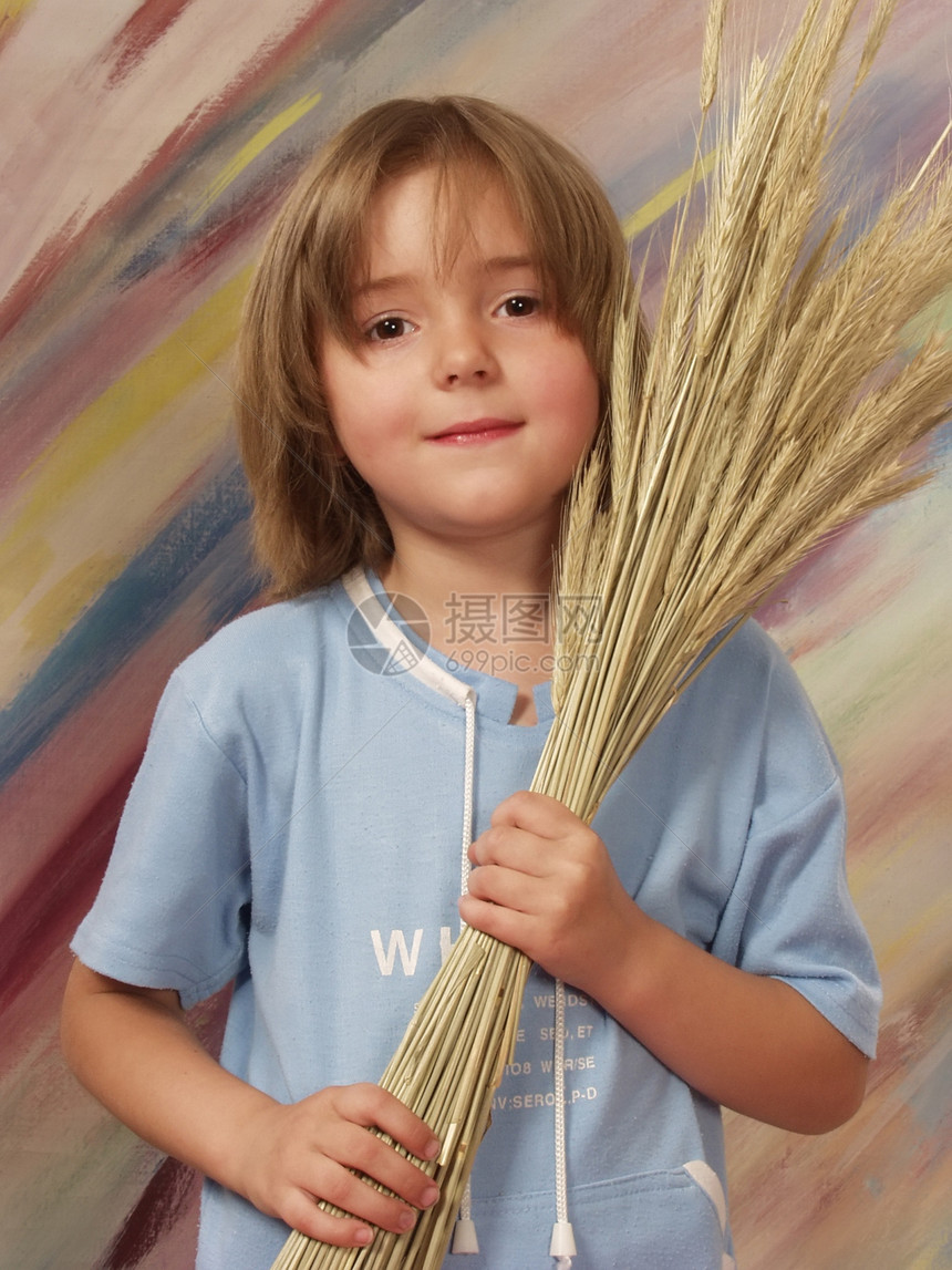 带小麦花的小女孩眼睛女孩食物头发耳朵苦差事面包粮食棕色金子图片