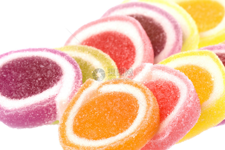 色彩多彩的果冻甜甜水果宏观花絮绿色糖果食物红色紫色甜点口味图片