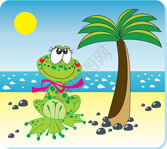 海滩背景剪贴画海滩上的青蛙航海旅游闲暇乐趣旅行蓝色太阳海浪剪贴卡通片插画