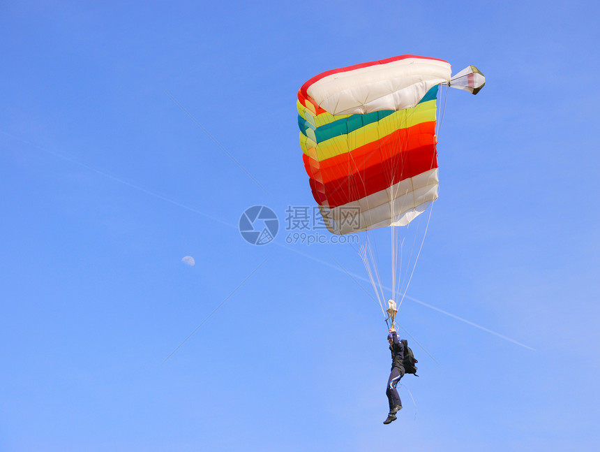 色彩多彩的降落伞男人自由段落滑行蓝色跳伞运动员生活冒险活动图片