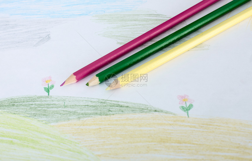 儿童绘画和铅笔床单叶子白色绿色水平黄色图片
