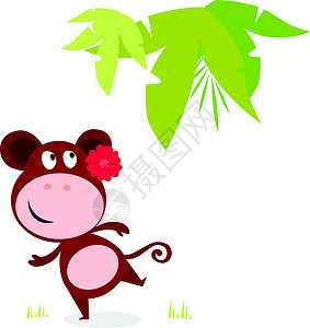 跳舞的猴子红花和棕榈叶后面的外表可爱的跳舞猴子插画