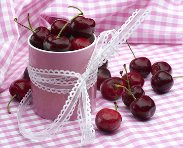 樱桃和粉红烹饪水果粉色丝带好处小吃野餐红色饮食食物背景图片