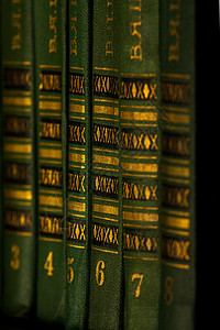 架子上的绿色和黄金书书架学习团体小说黑色经典收藏阅读脊柱精装背景图片