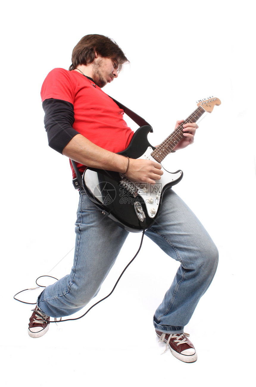 摇滚和滚动播放器牛仔裤吉他演员活力男性艺术家红色乐器男人音乐家图片