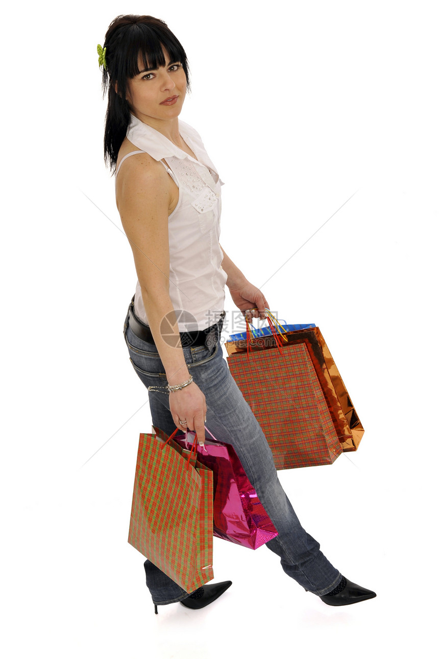 快乐的购物妇女高跟鞋商业女孩配件白色脚跟销售女性购物者成人图片