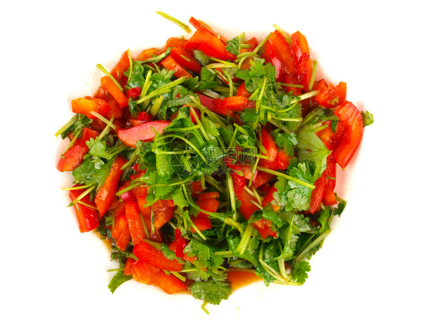 新鲜的Coriander和甜辣椒沙拉草本蔬菜烹饪美食植物香菜叶子芳香草药香料图片