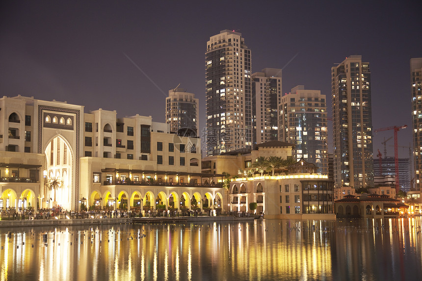 阿联酋 迪拜夜间天际景观建筑物建筑城市中心摩天大楼市中心多层建筑学住房图片