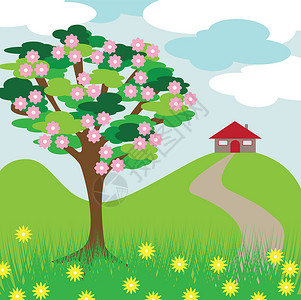 草红花粉红花树林山和房屋草地小路蓝色花朵粉色房子绘画绿色爬坡季节插画