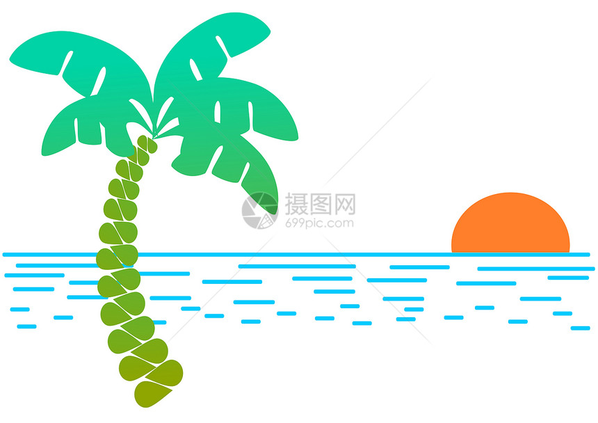 热带日出假期日落太阳插图树木海洋图片