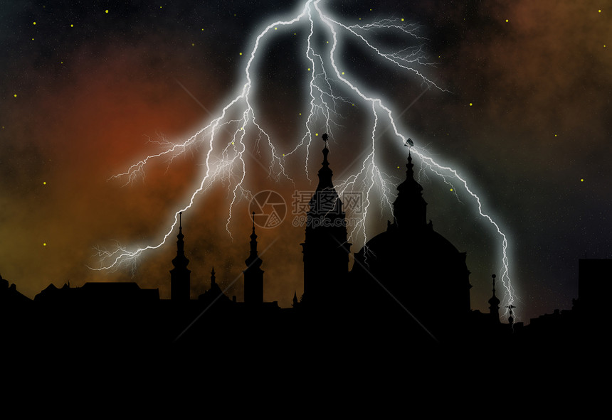 布拉格暴风雨之夜圣尼古拉教堂的轮廓图片